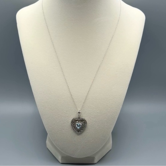 10K WG/925 Filigree Blue Topaz Heart Pendant Necklace - Picture 3 of 16